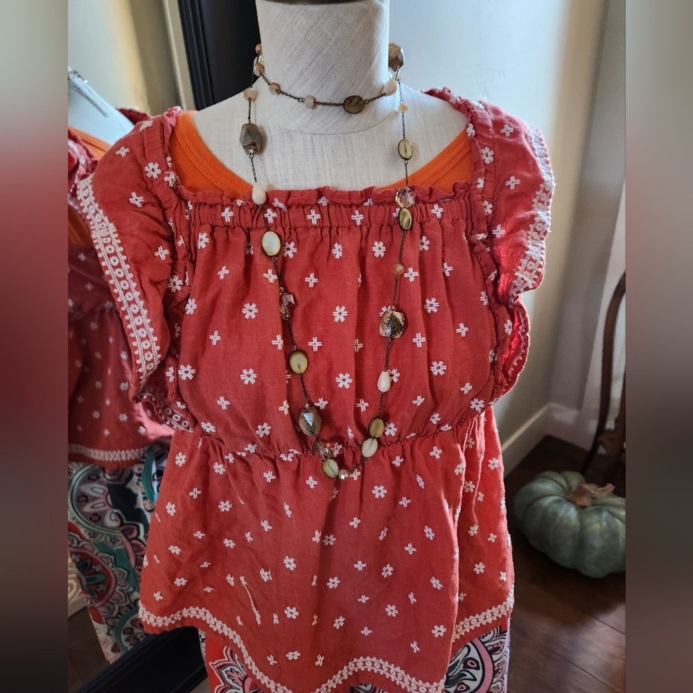 Old Navy Orange Print Short Sleeve Pullover Top Multi Color